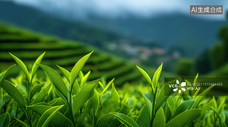 【AI数字艺术】翠绿茶园梯田，远山云雾缭绕图片素材
