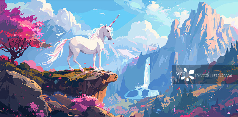 卡通风格的童话景观描绘了一个图片素材