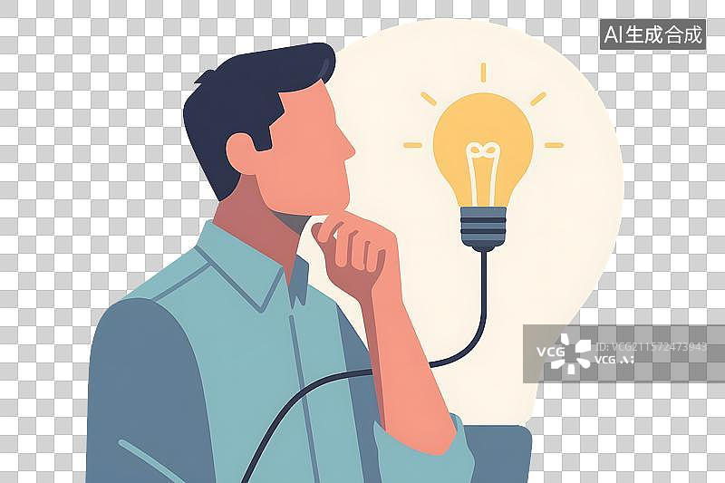 【AI数字艺术】一个思考的男人和灯泡矢量插画图片素材
