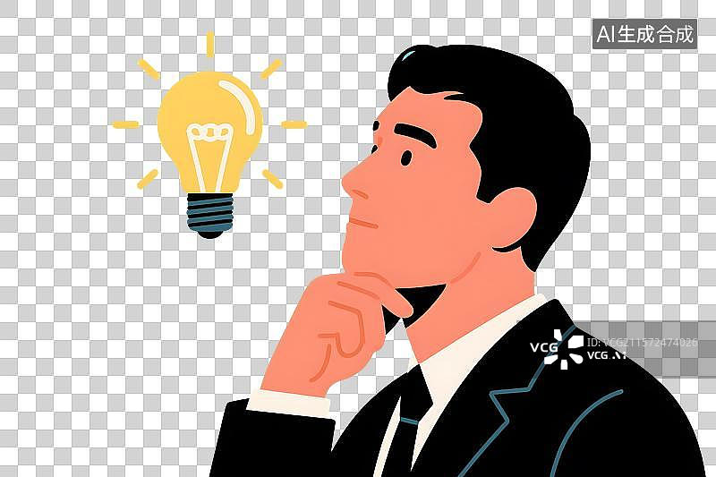 【AI数字艺术】一个思考的男人和灯泡矢量插画图片素材
