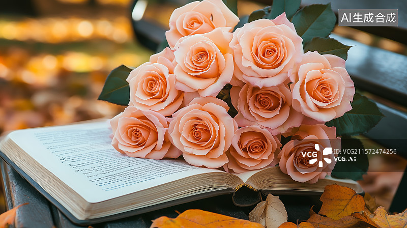 【AI数字艺术】公园椅子上的玫瑰特写镜头图片素材