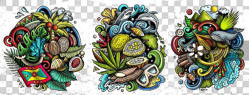 格林纳达卡通涂鸦设计套装图片素材