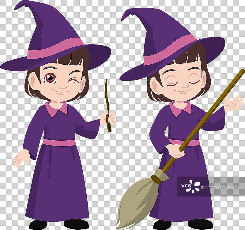 可爱的女孩穿着女巫服装，手持扫帚或魔杖图片素材