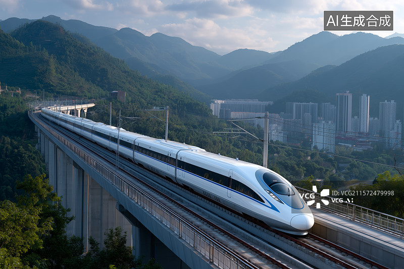 【AI数字艺术】高速列车经过山川乡村图片素材