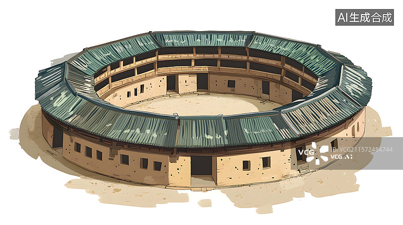 【AI数字艺术】卡通风格的圆形土楼图片素材