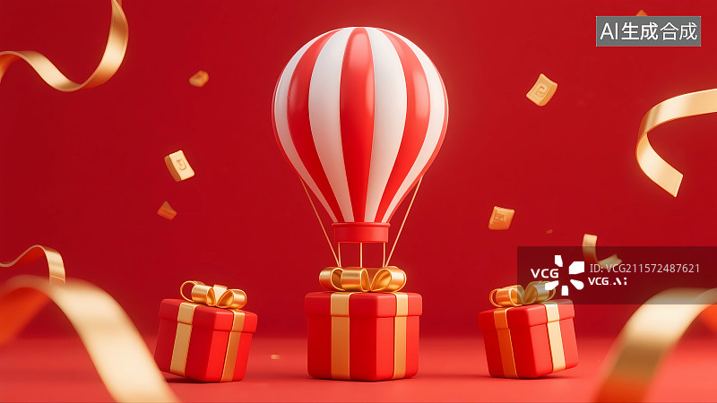 【AI数字艺术】3D渲染创意礼盒与热气球图片素材