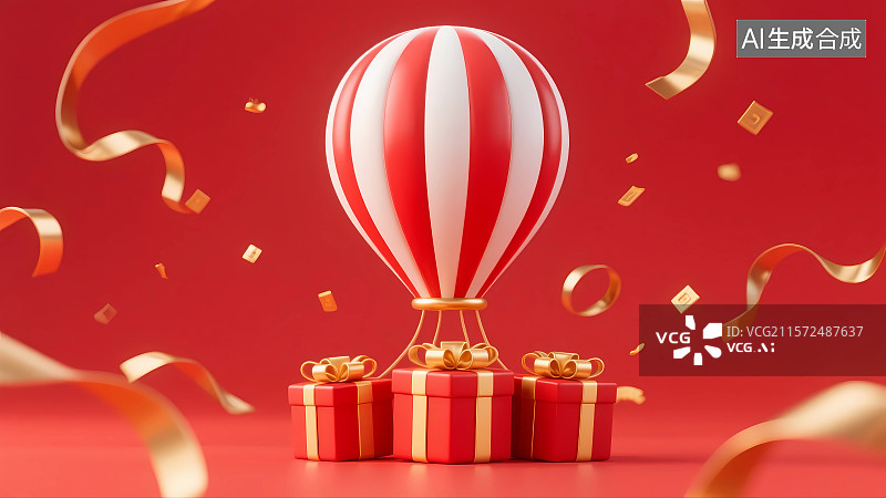 【AI数字艺术】3D渲染创意礼盒与热气球图片素材