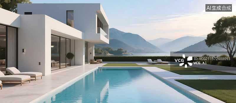 【AI数字艺术】带泳池的奢华别墅建筑图片素材