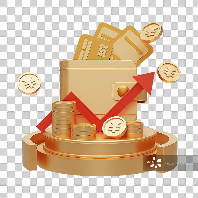 三维立体卡通钱包信用卡人民币金币箭头展台金融免抠元素图片素材