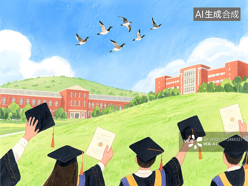 【AI数字艺术】穿学士服的大学生背影，欢呼庆祝毕业图片素材