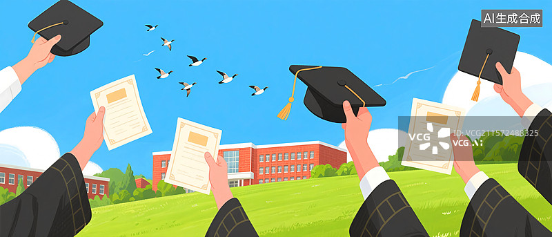 【AI数字艺术】穿学士服的大学生背影，欢呼庆祝毕业图片素材