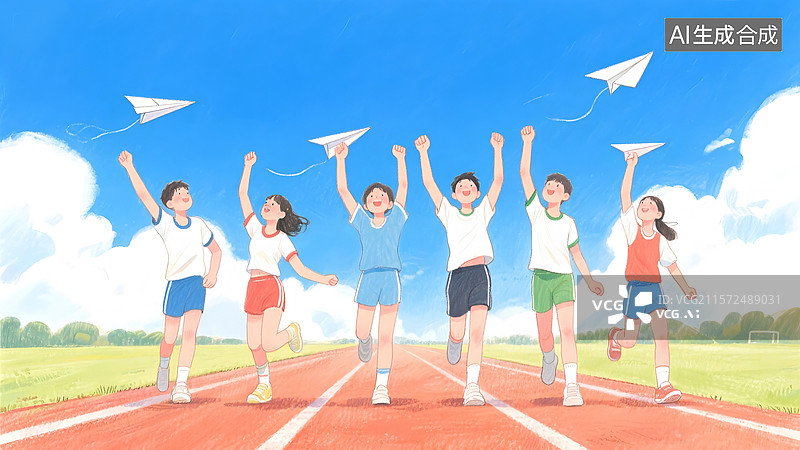 【AI数字艺术】一群男生女生在操场上放飞纸飞机，梦想未来图片素材