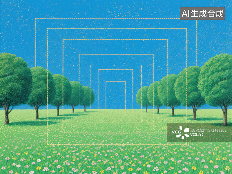 【AI数字艺术】对称树阵与虚线方框图片素材