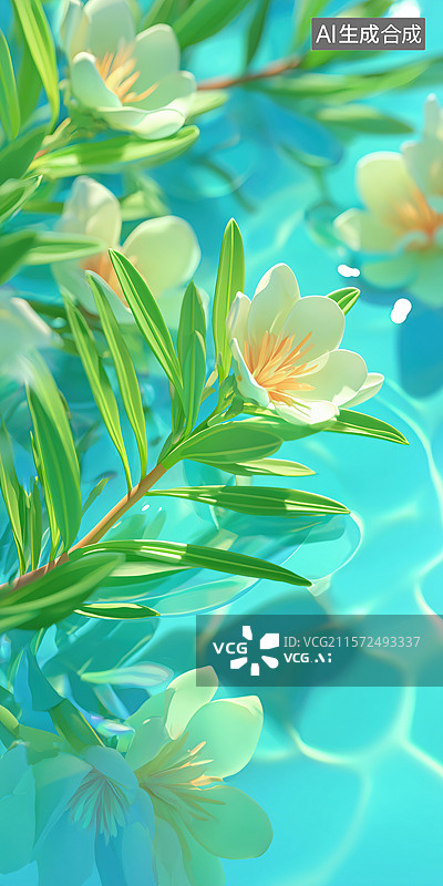 【AI数字艺术】夏日清新水边的粉色夹竹桃小花3D卡通立体插画图片素材