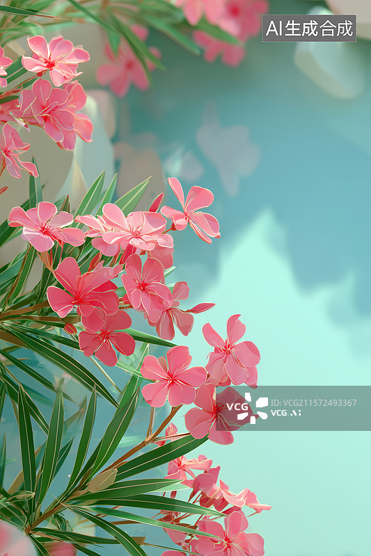 【AI数字艺术】夏日清新水边的粉色夹竹桃小花3D卡通立体插画图片素材