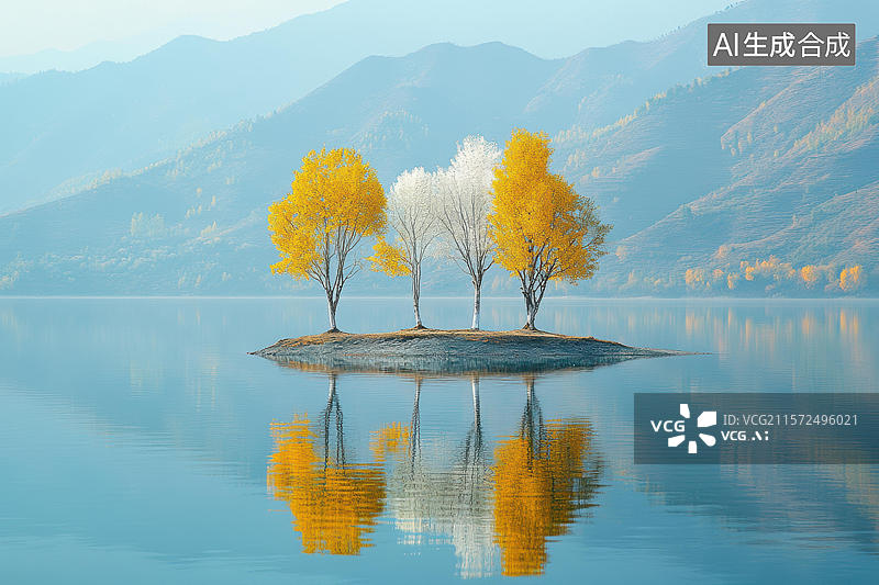 【AI数字艺术】湖畔秋色静谧之美图片素材