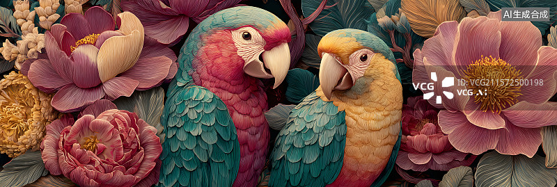 【AI数字艺术】鹦鹉 花朵图片素材