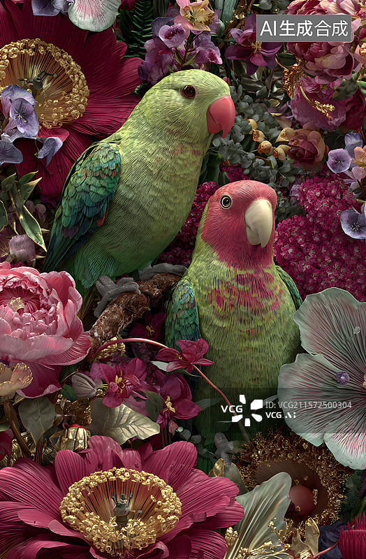 【AI数字艺术】鹦鹉 花朵图片素材
