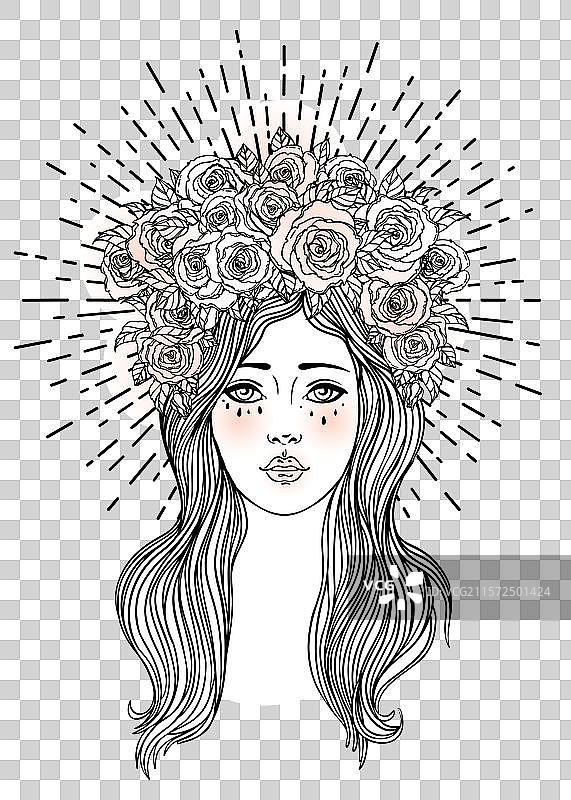 天使女孩，翅膀、十字架、玫瑰和光环图片素材