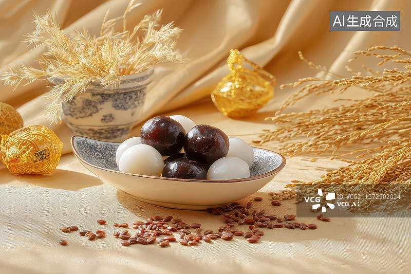 【AI数字艺术】中式传统点心与谷物摆件静物组合图片素材