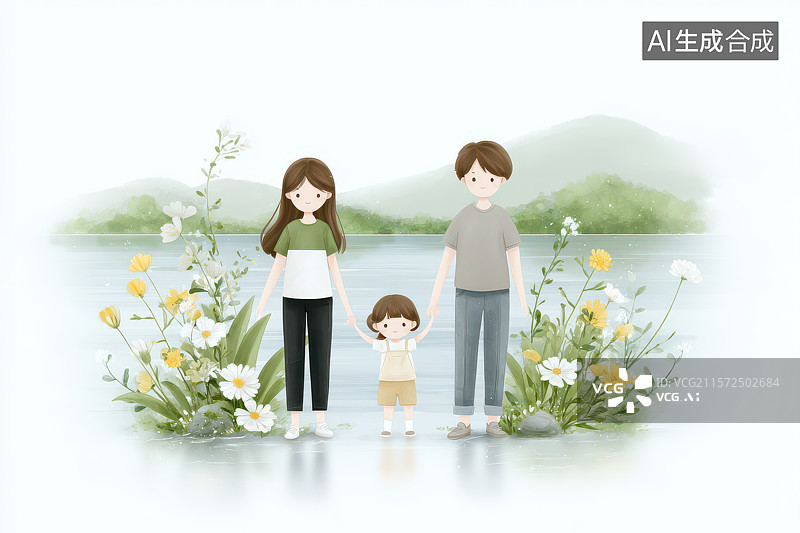【AI数字艺术】山水间的家庭插画图片素材