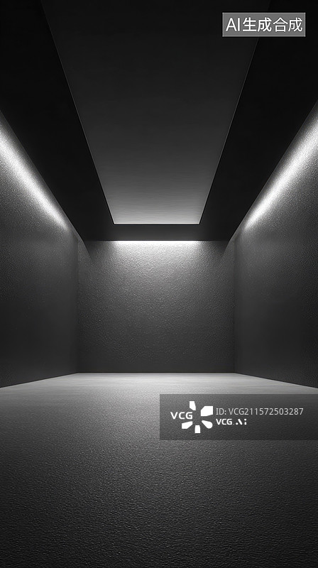 【AI数字艺术】未来主义3D渲染空旷黑色房间极简科幻内部空间灰色地板天花板科幻白色顶灯照明高科技创新前卫概念商业背景图片素材