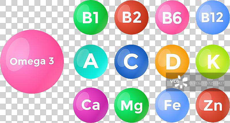 一组多种维生素复合物，孤立展示图片素材