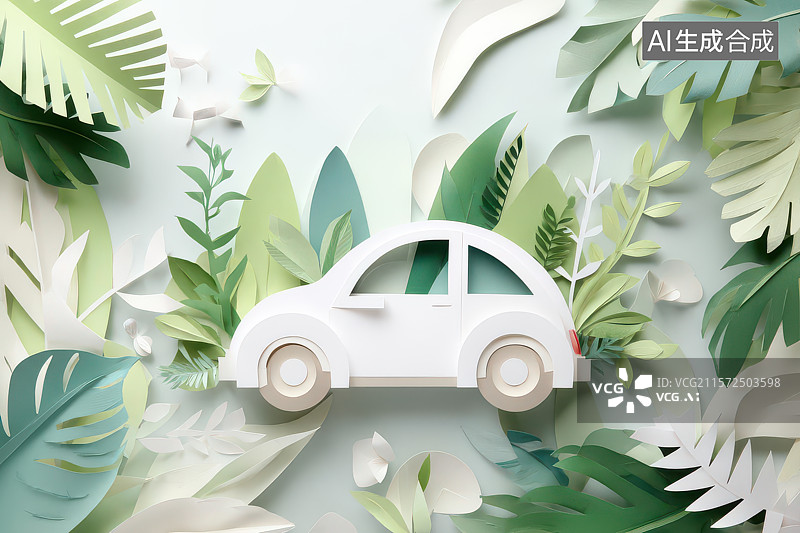 【AI数字艺术】纸艺绿叶环绕新能源车创意图片素材