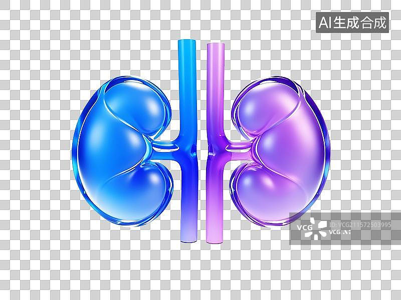 【AI数字艺术】3D渲染，磨砂玻璃质感，肾，肾脏，泌尿系统，免抠元素图片素材