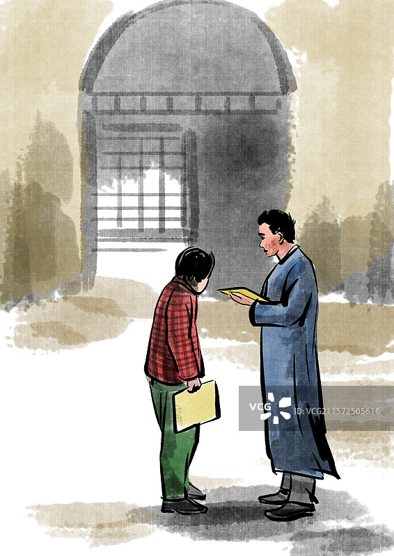 中国风新中式古风古典传统文化古装国学经典水墨风手绘水彩水痕家庭兄弟姊妹窑洞陕北学习见面沟通插画图片素材