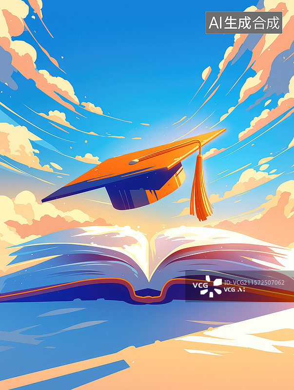 【AI数字艺术】启发性毕业之旅创意抽象商业背景书本通向天空卡通插画配毕业帽蓝天山脉学业世界读书日图片素材