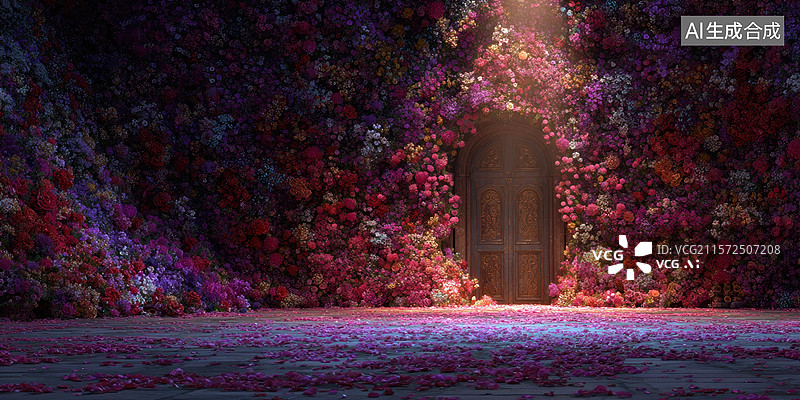 【AI数字艺术】梦幻花卉拱门柔和色调抽象商业背景童话主题、儿童书籍插图和奇幻设计元素图片素材