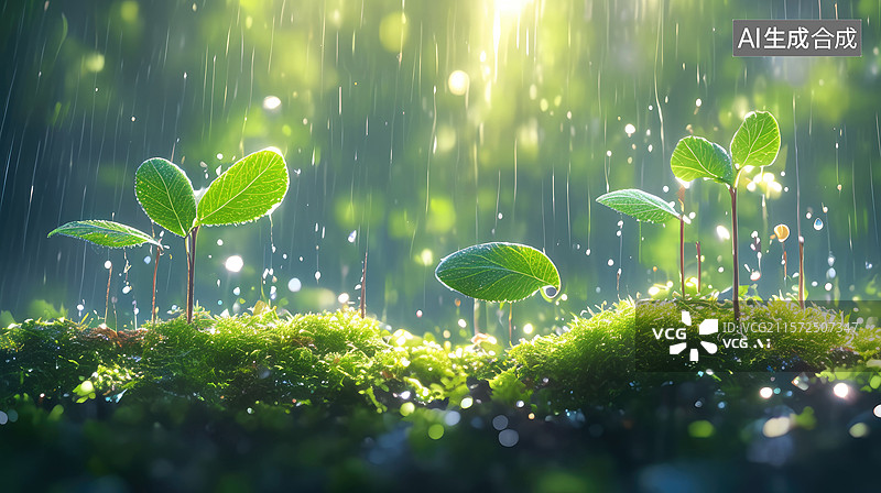 【AI数字艺术】充满活力的绿色幼苗与晨露插画春季抽象商业背景节气雨水环保商业理念书籍封面图片素材