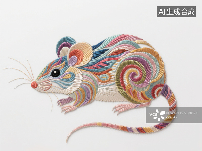 【AI数字艺术】刺绣苏绣艺术中国传统纹饰花纹线条组合而成的十二生肖鼠年图片素材