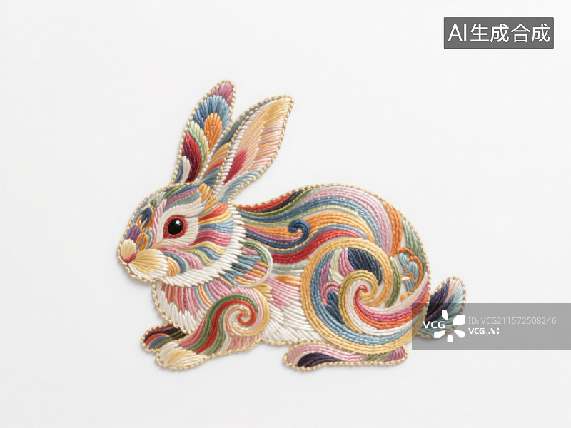 【AI数字艺术】刺绣苏绣艺术中国传统纹饰花纹线条组合而成的十二生肖兔年图片素材