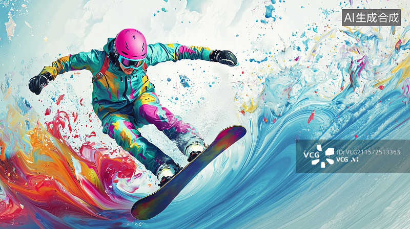 【AI数字艺术】彩虹喷射滑雪者冲破雪山图片素材
