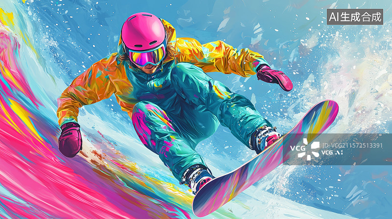 【AI数字艺术】彩虹喷射滑雪者冲破雪山图片素材
