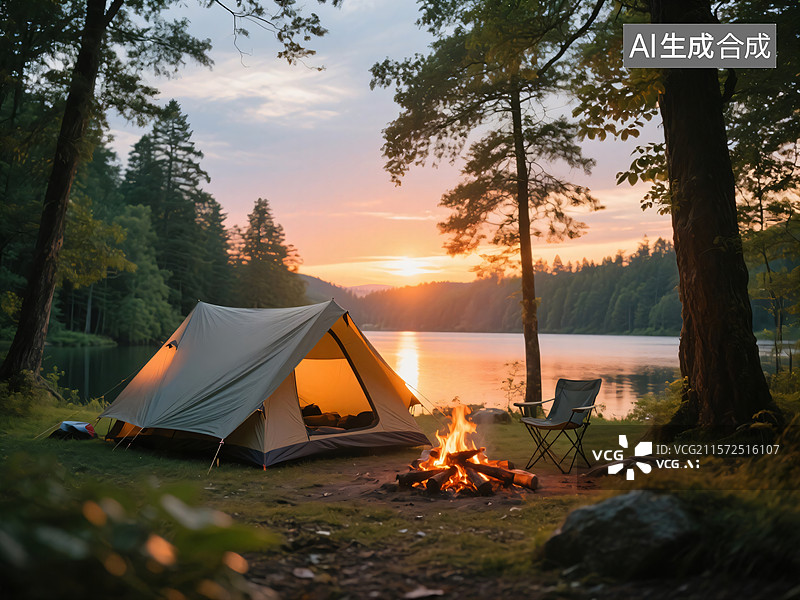 【AI数字艺术】日落露营美景图片素材