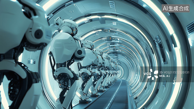 【AI数字艺术】智能机器人排队行进于未来实验通道图片素材