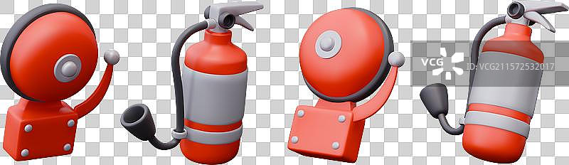 3D红色火警报警器灭火器套装图片素材