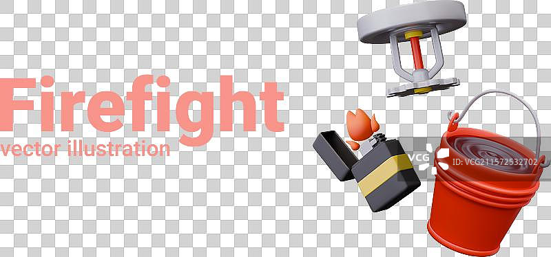 逼真的喷洒器、打火机和装满水的桶图片素材