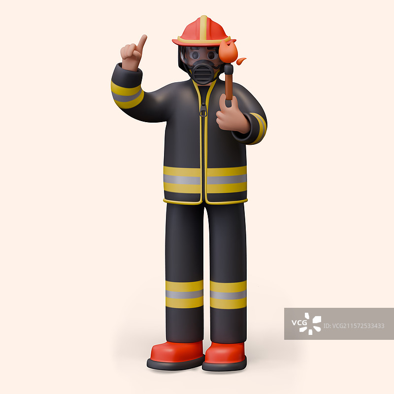 3D消防员站着手持点燃的火柴，救援者图片素材