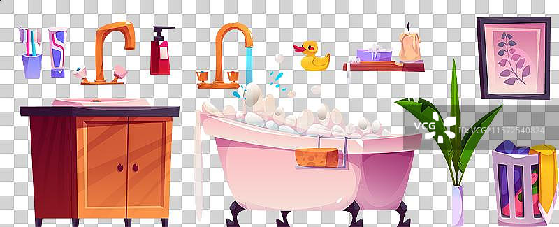 卡通风格的浴室内部，配有洗手池和家具图片素材