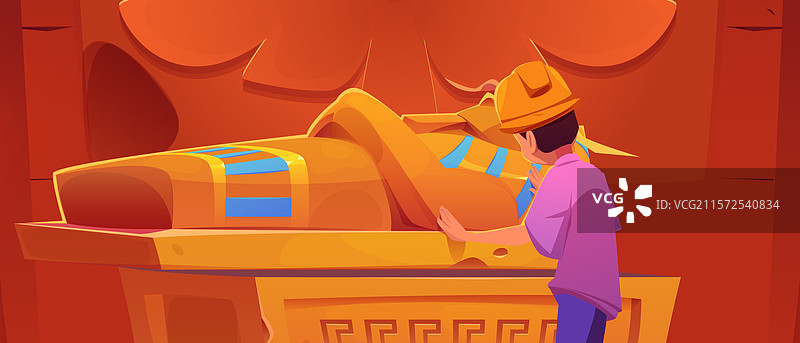 男孩在神庙中打开古埃及的石棺图片素材