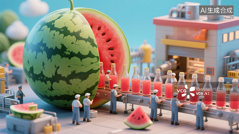 【AI数字艺术】微缩景观西瓜汁生产线图片素材