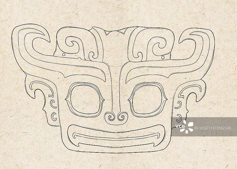 中国古蜀文明三星堆文物青铜兽面线描插画图片素材