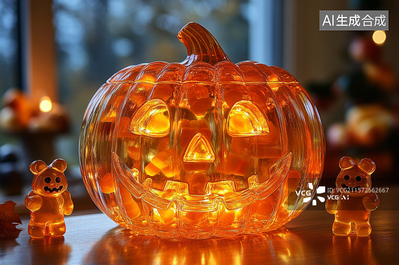 【AI数字艺术】发光的南瓜灯和小熊糖果图片素材