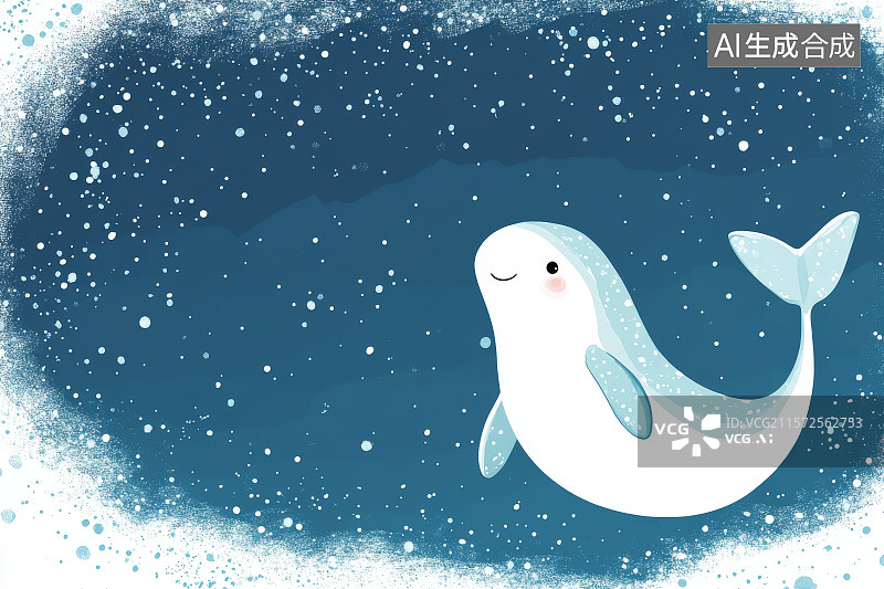 【AI数字艺术】可爱的白鲸在深蓝色背景中游泳图片素材