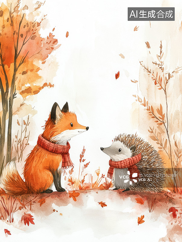 【AI数字艺术】狐狸与刺猬在秋天的森林图片素材