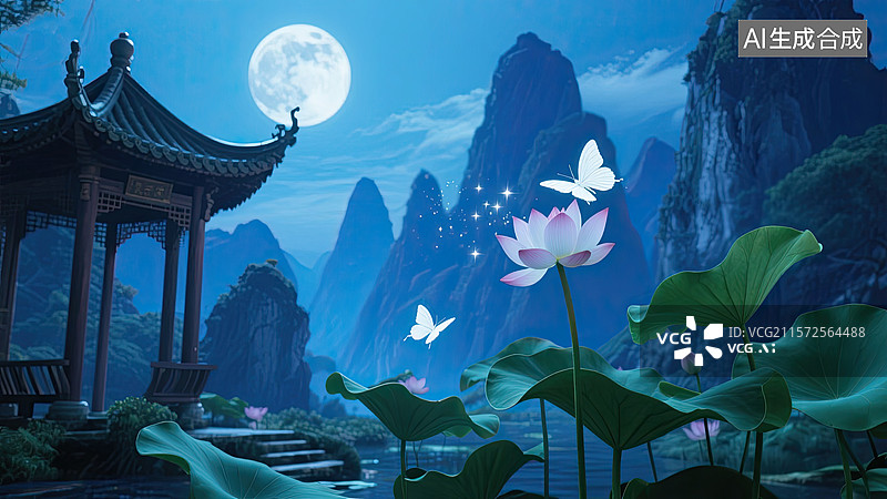 【AI数字艺术】夏日，荷花，白蝴蝶，月亮，背景图片素材